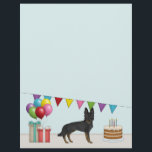 Bi-Black German Shepherd GSD Colorful Birthday Letterhead<br><div class="desc">Destei's original cartoon illustration of a black bi-color German Shepherd breed dog. The dog is placed in a colorful birthday setting. There is a birthday cake with some candles on it,  colorful birthday balloons and a bunting banner as well as two present boxes. The background color is light blue.</div>