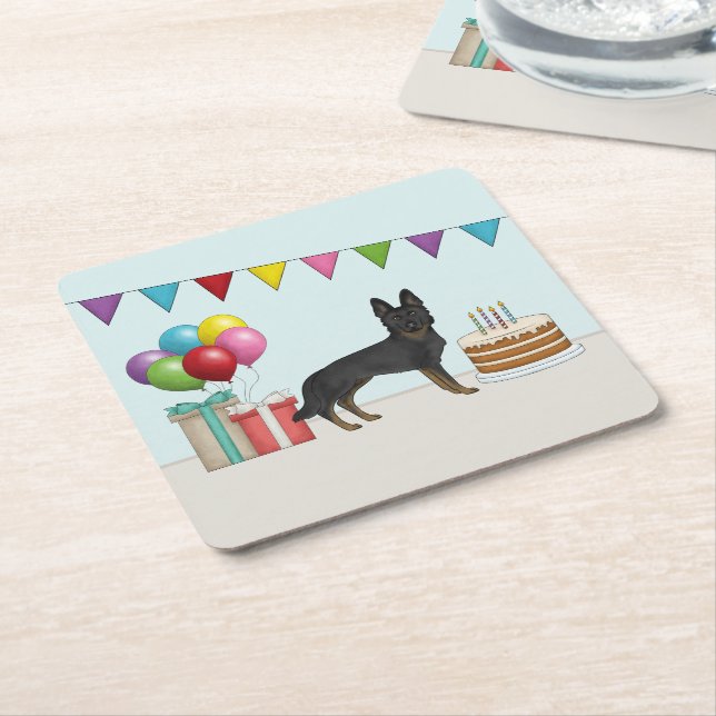 Bi-Black German Shepherd GSD Dog Colorful Birthday Square Paper Coaster (Angled)