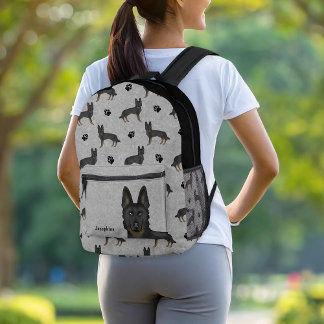 Bi-Black German Shepherd Pattern With Name Gray Printed Backpack