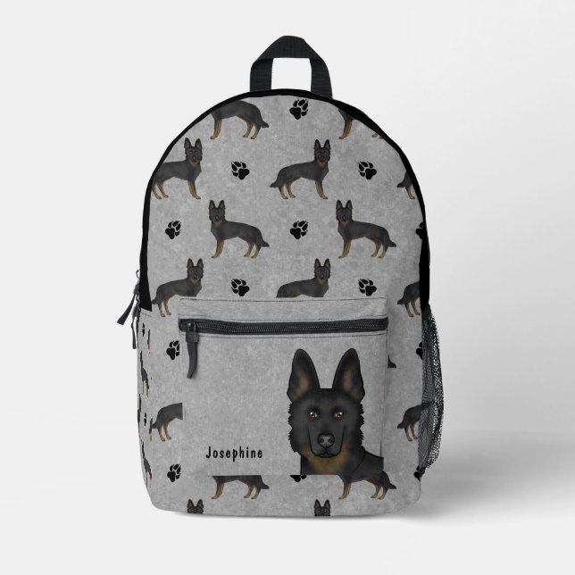 Bi-Black German Shepherd Pattern With Name Gray Printed Backpack (Front)