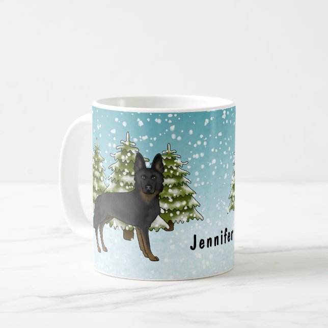 Bi-Black German Shepherd Winter Forest With Name Coffee Mug (Front Left)