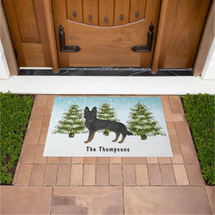 Bi-Black German Shepherd Winter Forest With Name Doormat