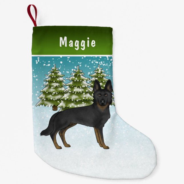 Bi-Black German Shepherd Winter Forest With Name Small Christmas Stocking (Front)
