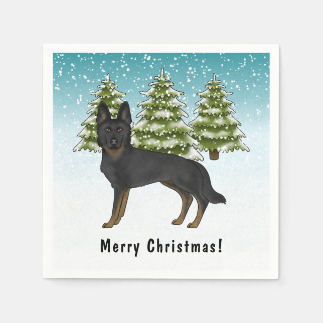 Bi-Black German Shepherd Winter Forest With Text Napkins (Front)
