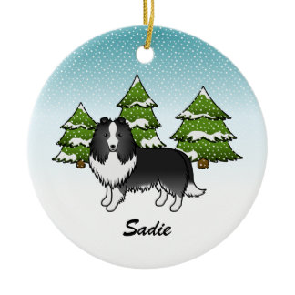 Bi-Black Sheltie Cartoon Dog In Winter &amp; Name Ceramic Ornament