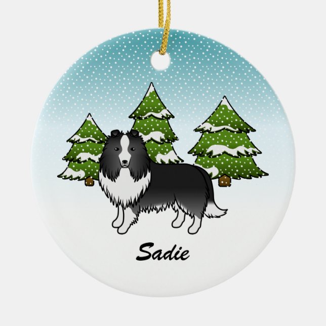 Bi-Black Sheltie Cartoon Dog In Winter & Name Ceramic Ornament (Front)