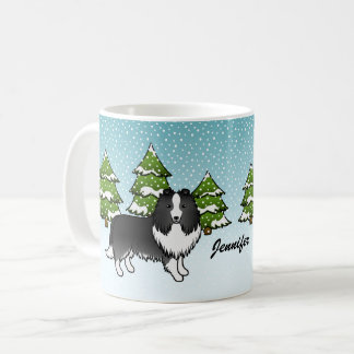 Bi-Black Sheltie Cartoon Dog In Winter &amp; Name Coffee Mug
