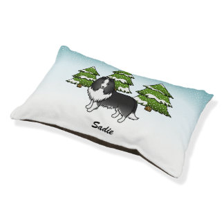 Bi-Black Sheltie Cartoon Dog In Winter &amp; Name Pet Bed