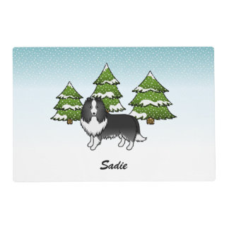 Bi-Black Sheltie Cartoon Dog In Winter &amp; Name Placemat