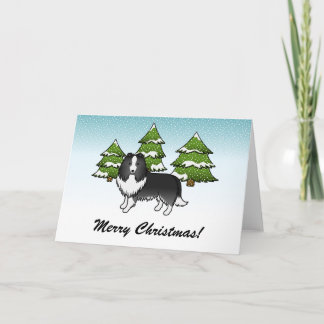 Bi-Black Sheltie Cartoon Dog In Winter &amp; Text Card