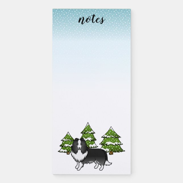 Bi-Black Sheltie Cartoon Dog In Winter & Text Magnetic Notepad (Front)