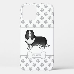 Bi-Black Sheltie With Paws, Dog Bone & Name iPhone 12 Case