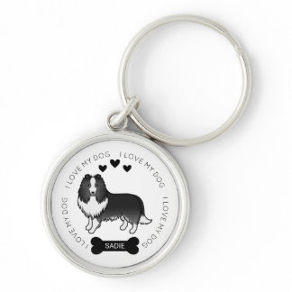 Bi-Black Shetland Sheepdog Cartoon Dog Love &amp; Name Keychain