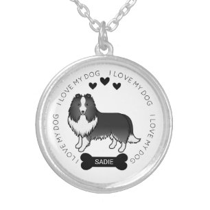 Bi-Black Shetland Sheepdog Cartoon Dog Love & Name Silver Plated Necklace