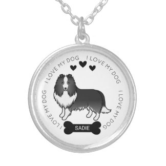 Bi-Black Shetland Sheepdog Cartoon Dog Love &amp; Name Silver Plated Necklace