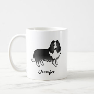 Bi-Black Shetland Sheepdog Cartoon Dog &amp; Name Coffee Mug