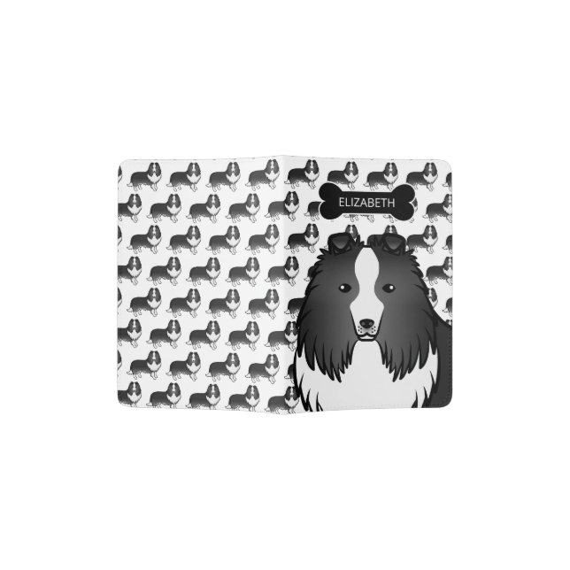 Bi-Black Shetland Sheepdog Cartoon Dog & Name Passport Holder (Opened)