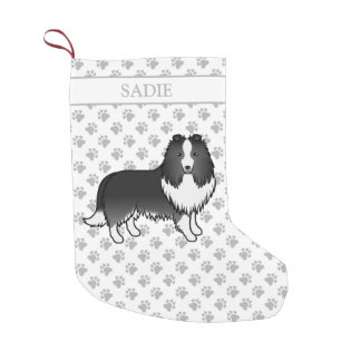 Bi-Black Shetland Sheepdog Cartoon Dog &amp; Name Small Christmas Stocking