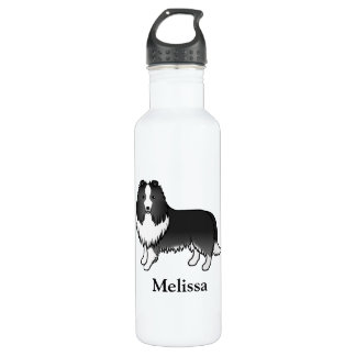 Bi-Black Shetland Sheepdog Cartoon Dog &amp; Name Stainless Steel Water Bottle