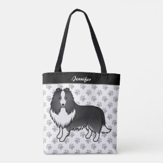 Bi-Black Shetland Sheepdog Cartoon Dog &amp; Name Tote Bag