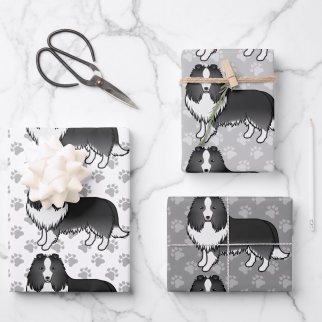 Bi-Black Shetland Sheepdog Cartoon Dog Pattern Wrapping Paper Sheets (Front)