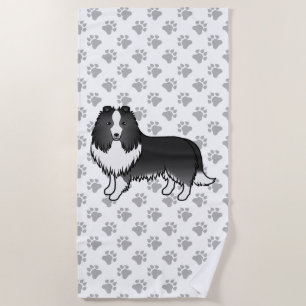 Bi-Black Shetland Sheepdog Cartoon Dog & Paws Beach Towel