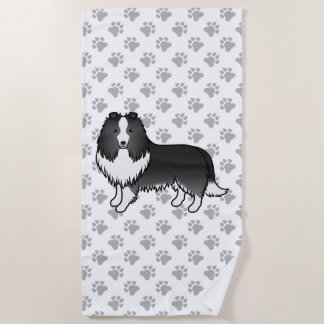 Bi-Black Shetland Sheepdog Cartoon Dog &amp; Paws Beach Towel