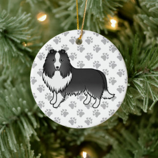 Bi-Black Shetland Sheepdog Cartoon Dog &amp; Paws Ceramic Ornament