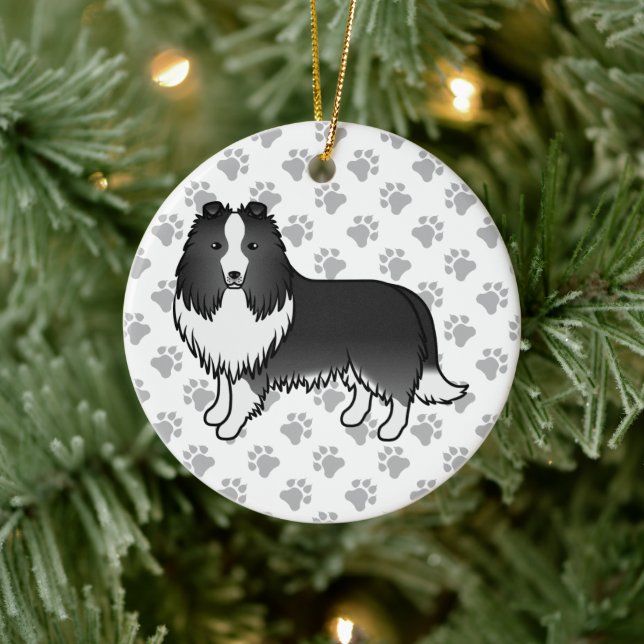Bi-Black Shetland Sheepdog Cartoon Dog & Paws Ceramic Ornament (Tree)
