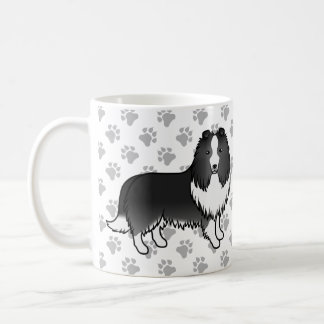 Bi-Black Shetland Sheepdog Cartoon Dog &amp; Paws Coffee Mug