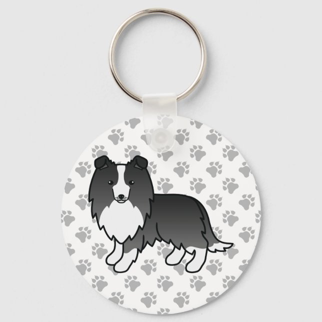 Bi-Black Shetland Sheepdog Cartoon Dog & Paws Keychain (Front)