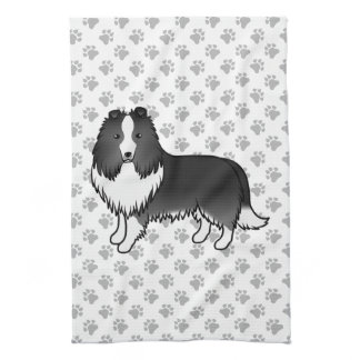Bi-Black Shetland Sheepdog Cartoon Dog &amp; Paws Kitchen Towel