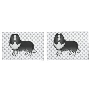Bi-Black Shetland Sheepdog Cartoon Dog & Paws Pillow Case