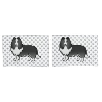 Bi-Black Shetland Sheepdog Cartoon Dog &amp; Paws Pillow Case