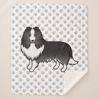 Bi-Black Shetland Sheepdog Cartoon Dog &amp; Paws Sherpa Blanket