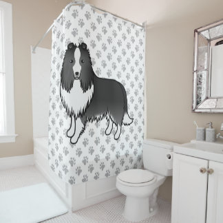 Bi-Black Shetland Sheepdog Cartoon Dog &amp; Paws Shower Curtain
