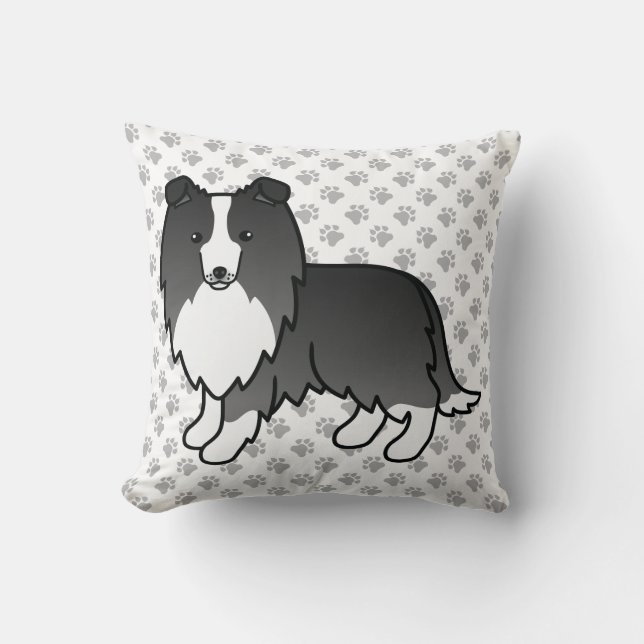 Bi-Black Shetland Sheepdog Cartoon Dog & Paws Throw Pillow (Front)
