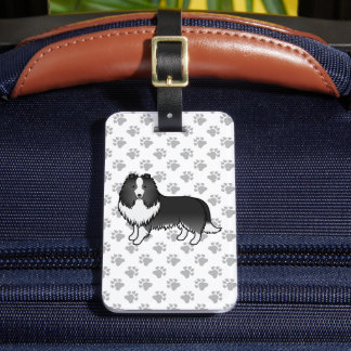 Bi-Black Shetland Sheepdog Cartoon Dog &amp; Text Luggage Tag