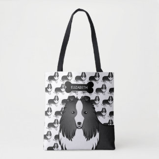 Bi-Black Shetland Sheepdog Dog And Bone &amp; Name Tote Bag