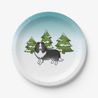 Bi-Black Shetland Sheepdog In A Winter Forest Paper Plates