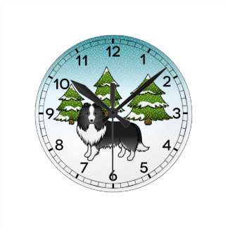 Bi-Black Shetland Sheepdog In A Winter Forest Round Clock