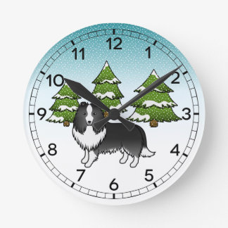 Bi-Black Shetland Sheepdog In A Winter Forest Round Clock