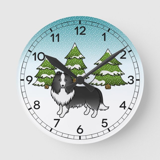 Bi-Black Shetland Sheepdog In A Winter Forest Round Clock (Front)