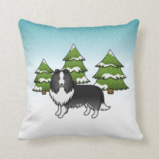 Bi-Black Shetland Sheepdog In A Winter Forest Throw Pillow