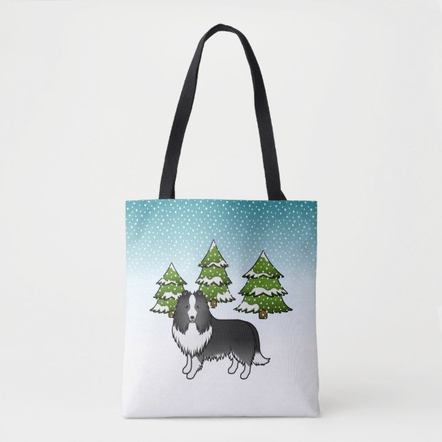 Bi-Black Shetland Sheepdog In A Winter Forest Tote Bag (Front)