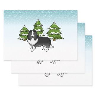 Bi-Black Shetland Sheepdog In A Winter Forest Wrapping Paper Sheets