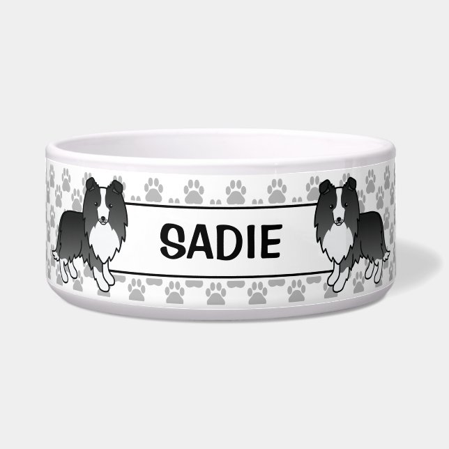 Bi-Black Shetland Sheepdog Sheltie Dogs & Name Bowl (Front)