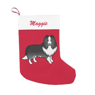 Bi-Black Shetland Sheepdog Sheltie On Red &amp; Name Small Christmas Stocking