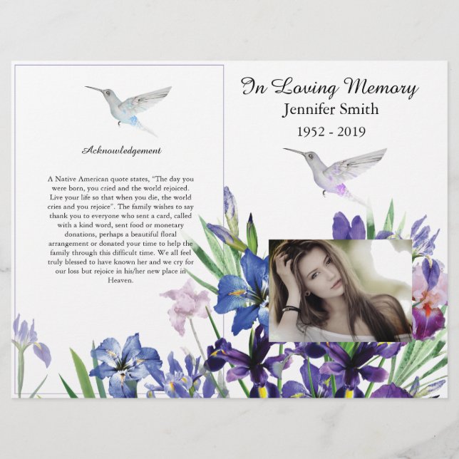 Bi-Fold Purple Irises Hummingbird Funeral Program Flyer (Front)