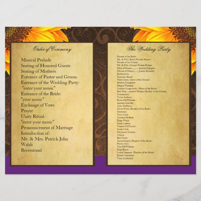 Bi Fold Purple Sunflower Wedding Ceremony Programs (Front)
